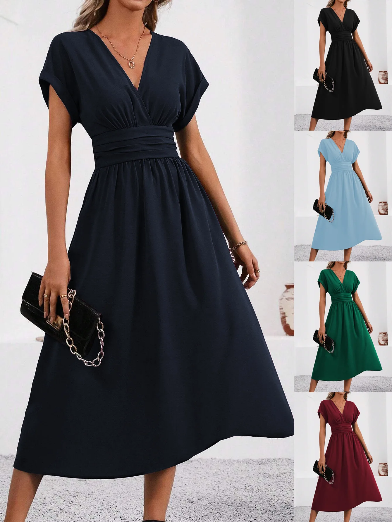 Solid V-Neck Summer Dress — Image 7