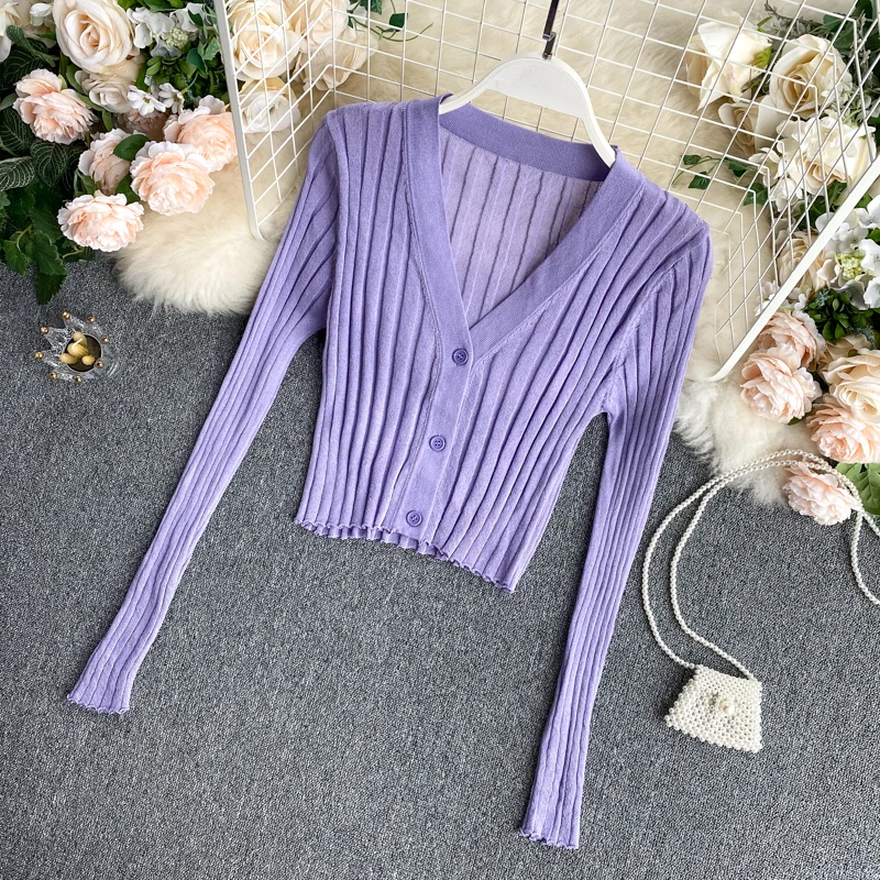 Knitted Ribbed Long Sleeve V-Neck Cardigan — Image 8