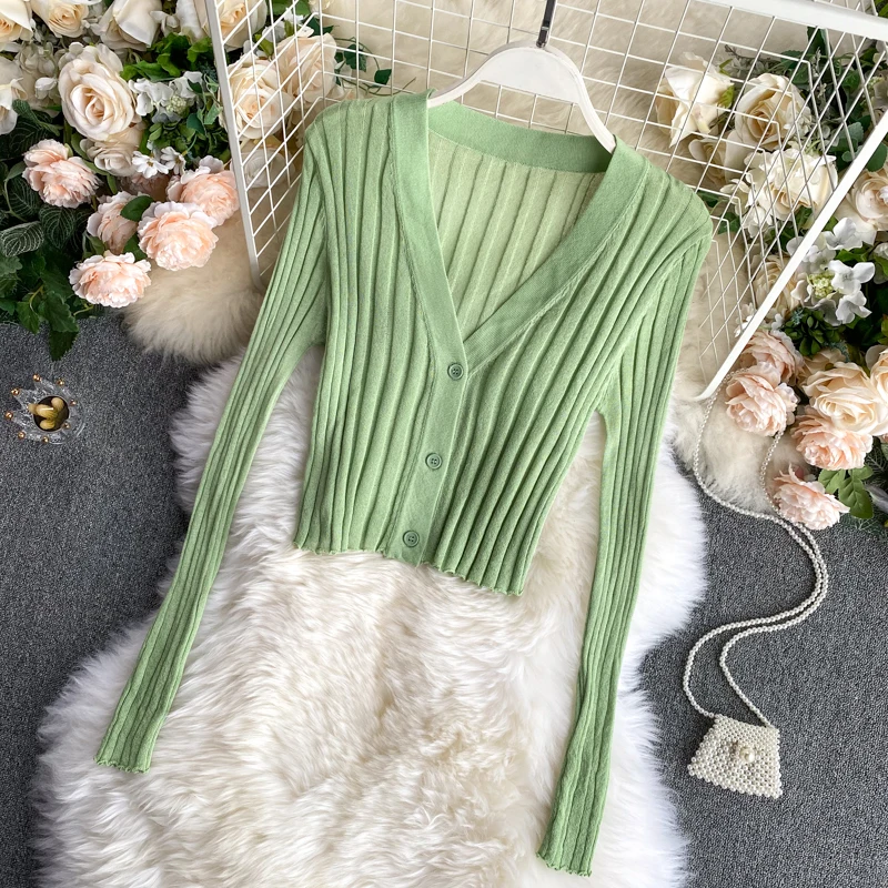 Knitted Ribbed Long Sleeve V-Neck Cardigan — Image 17