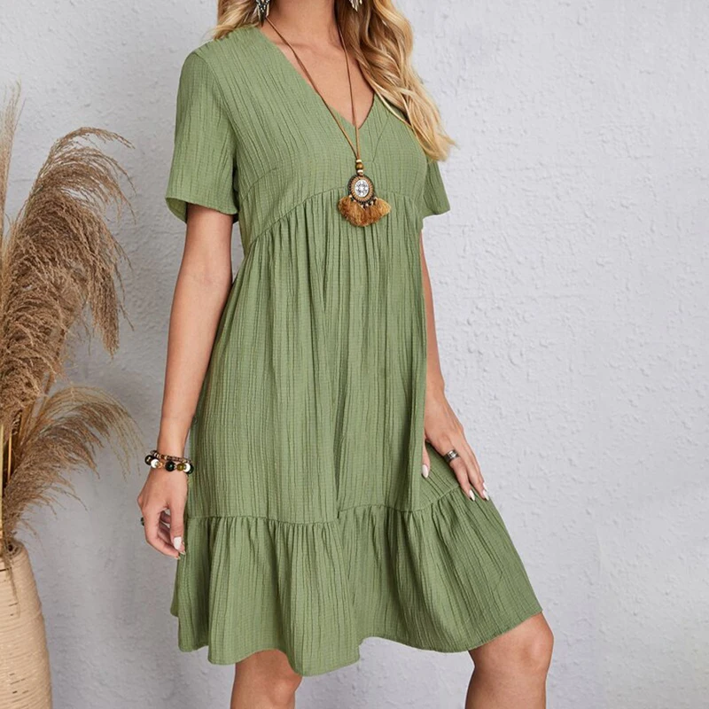 Boho Loose Solid Short Sleeve V-Neck Sundress — Image 32