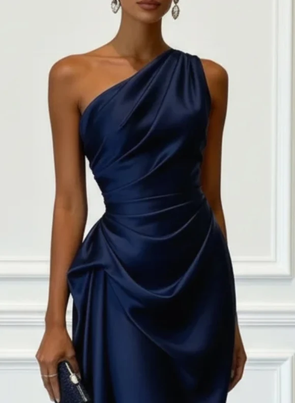 Formal Satin One-Shoulder Ruched Midi Dress — Image 4
