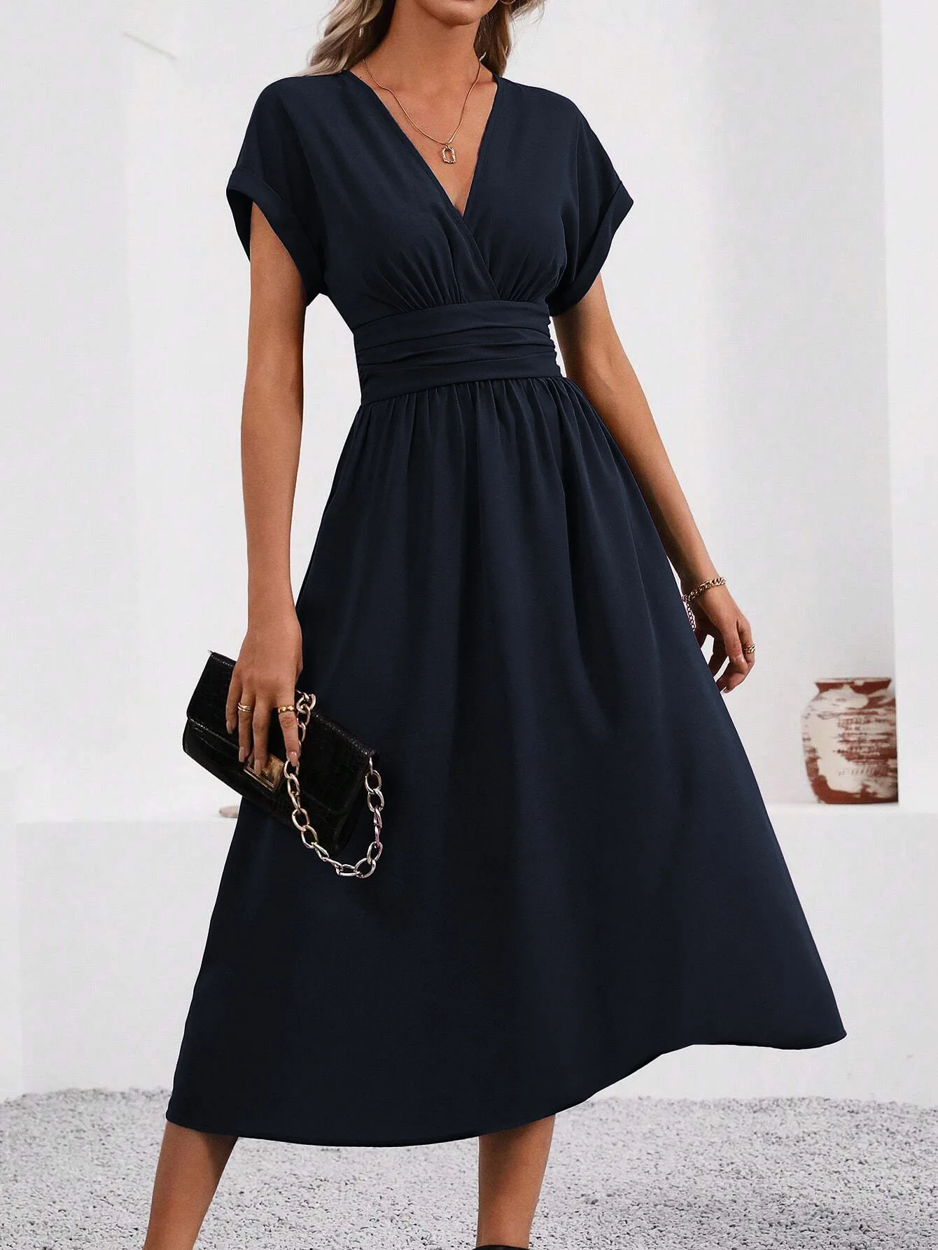 Solid V-Neck Summer Dress — Image 12