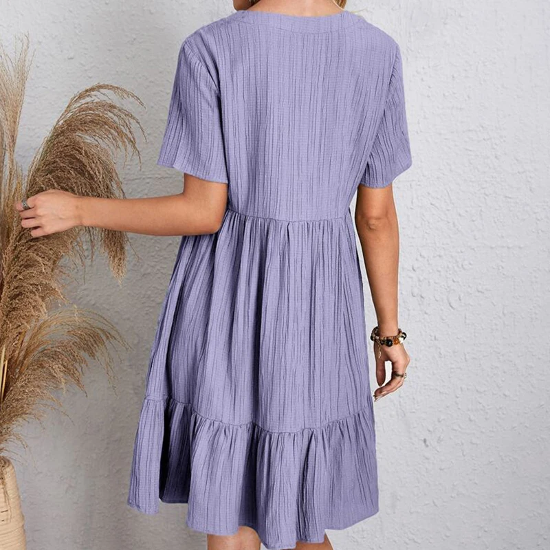 Boho Loose Solid Short Sleeve V-Neck Sundress — Image 36